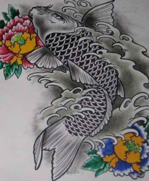Color Flowers And Carp Fish Tattoos Design